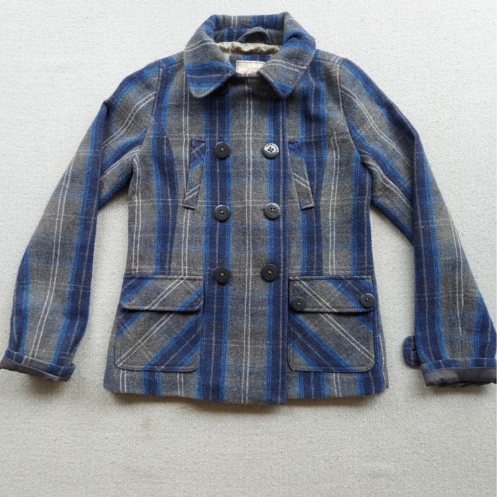 Heritage Pea Coat Women S Blue Striped Wool Blend Double Breasted Jacket